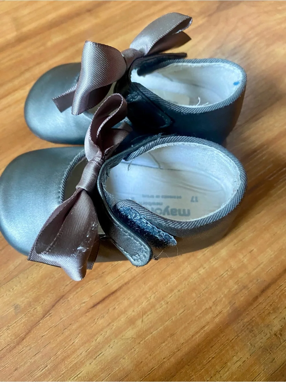 Mayoral Shimmery Gray Satin Bow Mary Jane Baby Shoes